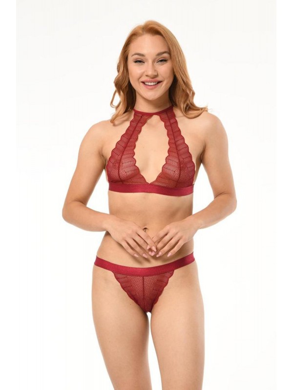 Kadın Bordo Transparan Dantelli Kapsız Sütyen Takımı