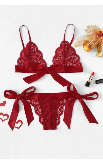 Kadın Bordo Kurdelalı Ve Dantelli Sütyen Külot Takımı&hellip;