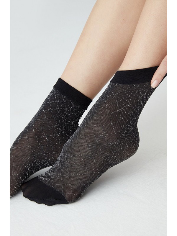Siyah Simli Desenli Ince Soket Çorap Cross Shine