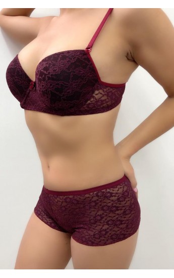 Kadın Bordo Push-Up Şortlu Dantelli Sütyen Takımı&hellip;