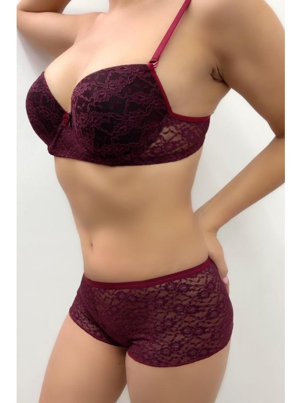 Kadın Bordo Push-Up Şortlu Dantelli Sütyen Takımı