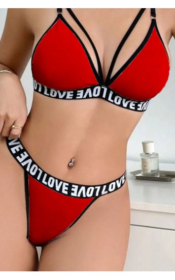 Kadın Kırmızı Love Yazı Detaylı Harness İç Çamaşır Takımı&hellip;