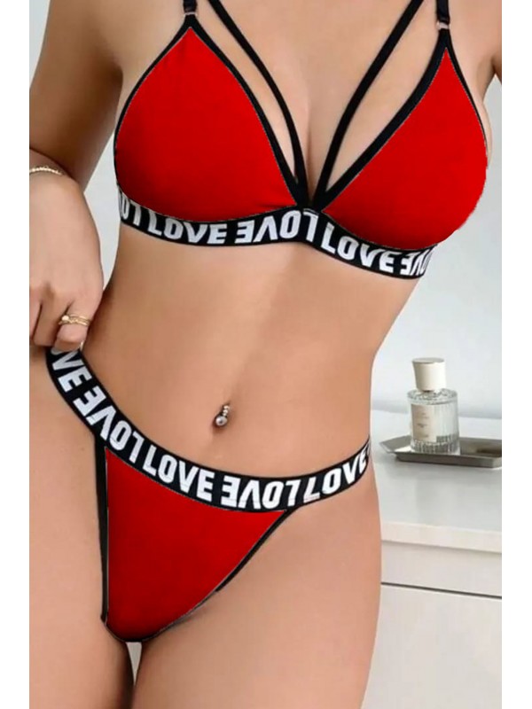 Kadın Kırmızı Love Yazı Detaylı Harness İç Çamaşır Takımı