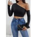 Kadın Siyah Tek Omuz Detaylı Uzun Kol Crop Top Bluz