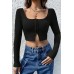 Kadın Siyah Uzun Kollu Agraflı Göğüs ve Göbek Dekolteli Crop Top Bluz
