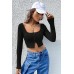 Kadın Siyah Uzun Kollu Agraflı Göğüs ve Göbek Dekolteli Crop Top Bluz