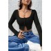 Kadın Siyah Uzun Kollu Agraflı Göğüs ve Göbek Dekolteli Crop Top Bluz