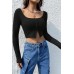 Kadın Siyah Uzun Kollu Agraflı Göğüs ve Göbek Dekolteli Crop Top Bluz