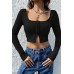 Kadın Siyah Uzun Kollu Agraflı Göğüs ve Göbek Dekolteli Crop Top Bluz