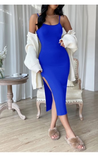 Kadın Mavi Yırtmaçlı Diz Altı Vücüdu Saran Gecelik&hellip;