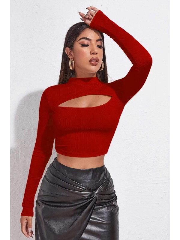 Kadın Kırmızı Göğüs Dekolteli Uzun Kollu Cut Out Crop Top Bluz