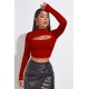 Kadın Kırmızı Göğüs Dekolteli Uzun Kollu Cut Out Crop Top Bluz