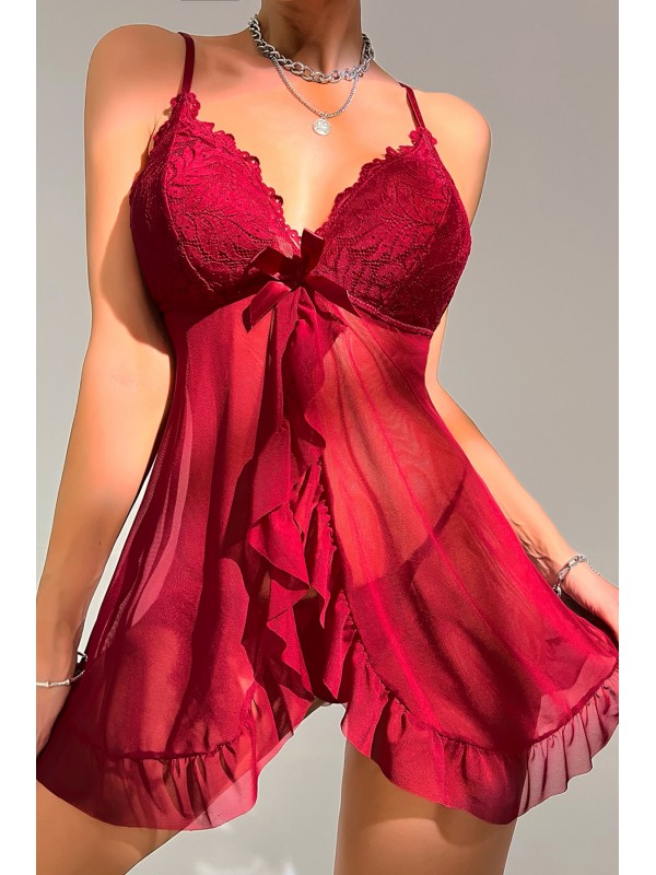 Kadın Bordo Dantelli, Fırfırlı Tül ve Fiyonk Detaylı Tangalı Gecelik Takımı