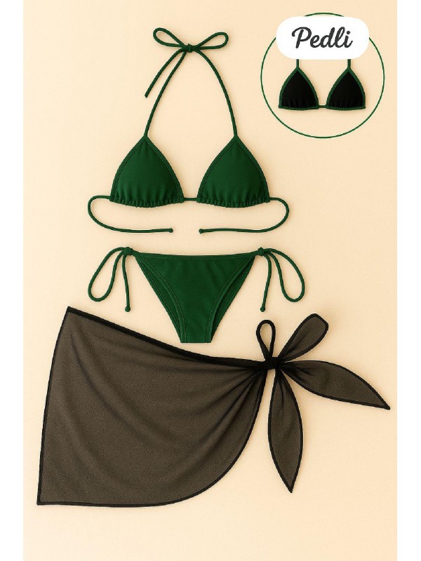 Kadın Yeşil Siyah Pareolu Yandan ve Boyundan Bağlamalı 3'lü Bikini Takımı