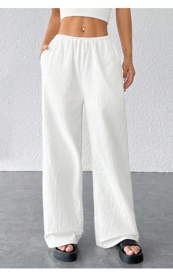 Kadın Beyaz Bol Kesim Cepli Geniş Paça Dökümlü Pantolon&hellip;