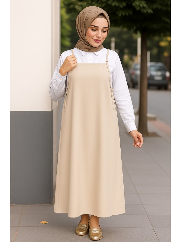 Kadın Taş Rengi Basic Ayarlanabilir Askılı Jile Elbise