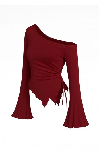 Kadın Bordo Uzun İspanyol Kollu Asimetirik Yaka Yandan Bağlamalı Drape&hellip;
