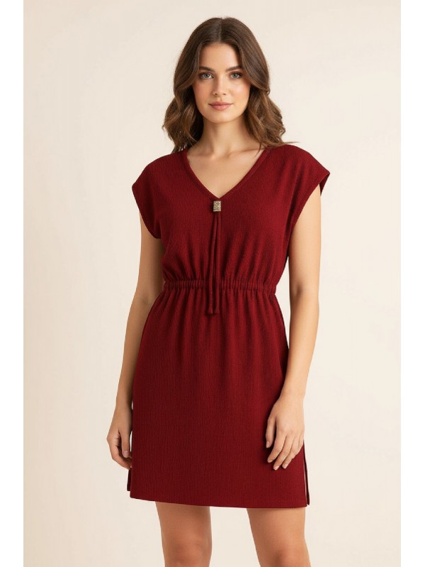 Kadın Bordo Yanları Yırtmaçlı Tokalı V Yaka Mini Plaj Elbisesi